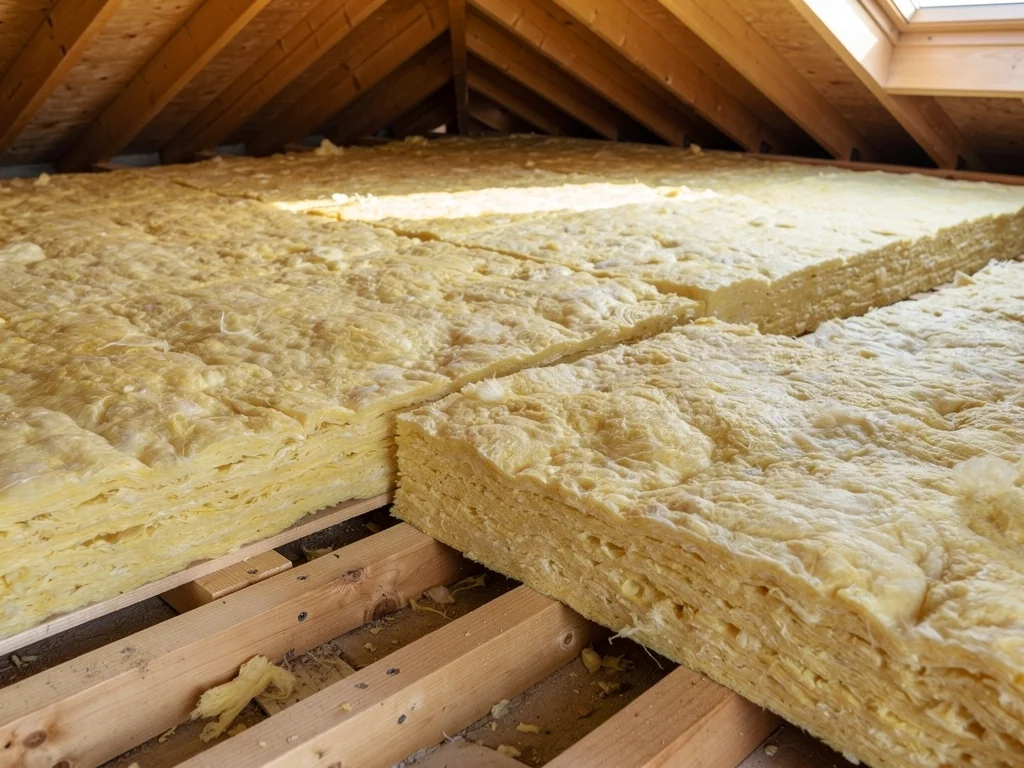 Seconde couche de laine de verre croisée sur le plancher d'un comble perdu